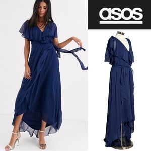 ASOS CURVE Navy Blue Flutter Sleeve Ruffle Cascade High Low Maxi Dress 14 NWT